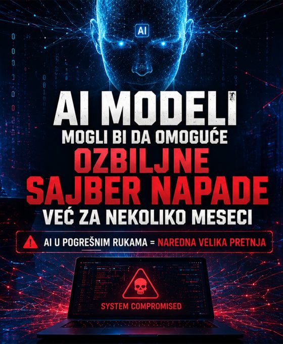 AI modeli i sajber bezbednost, futuristički prikaz hakera, AI sistema i server infrastrukture koji simbolizuju potencijalne sajber napade budućnosti.