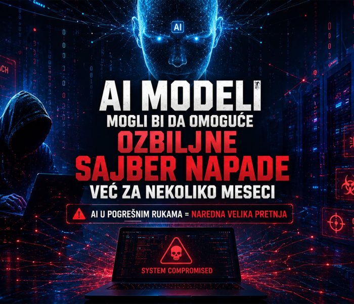 AI modeli i sajber bezbednost, futuristički prikaz hakera, AI sistema i server infrastrukture koji simbolizuju potencijalne sajber napade budućnosti.