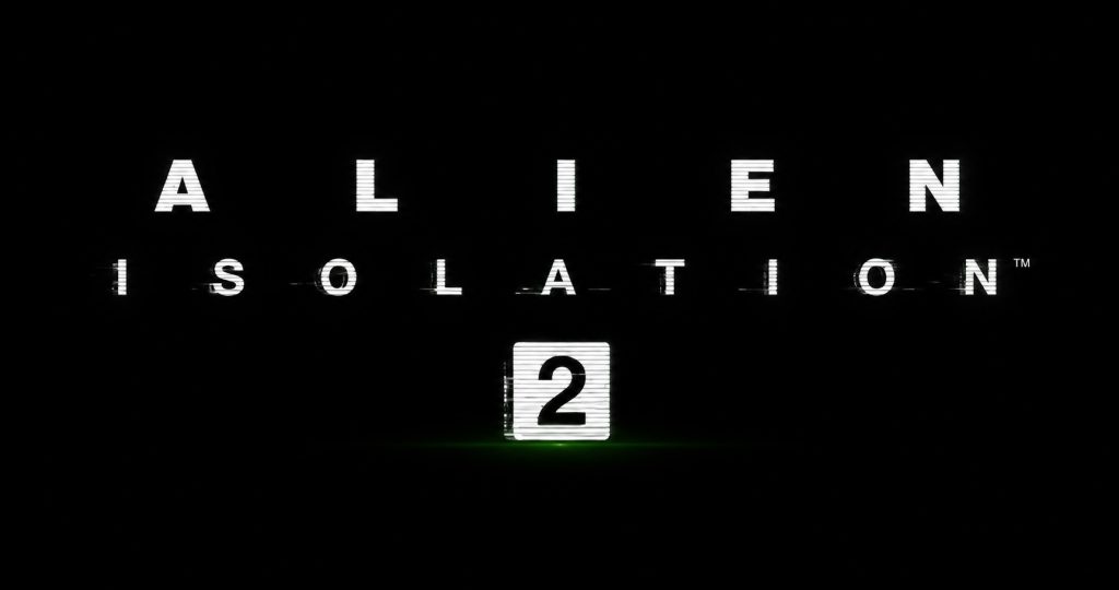 Alien: Isolation 2 logo na crnoj pozadini sa minimalističkim dizajnom, belim futurističkim slovima i brojem 2 u centru.