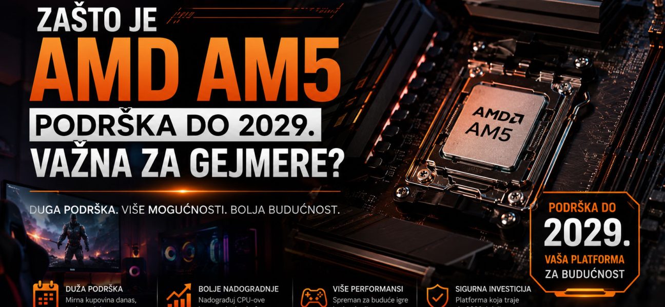 Baner za blog o AMD AM5 platformi sa procesorom na matičnoj ploči i istaknutom podrškom do 2029. godine, namenjen gejmerima koji planiraju dugoročne nadogradnje računara.