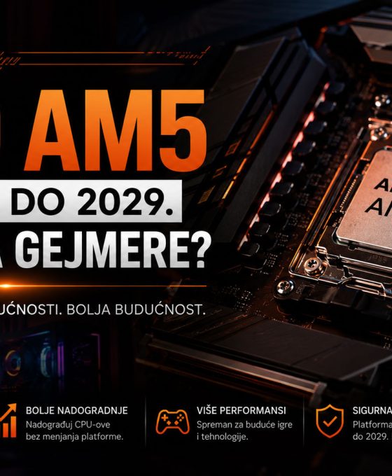 Baner za blog o AMD AM5 platformi sa procesorom na matičnoj ploči i istaknutom podrškom do 2029. godine, namenjen gejmerima koji planiraju dugoročne nadogradnje računara.