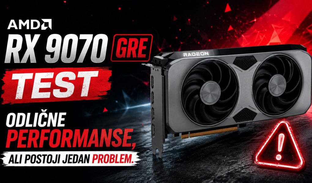 AMD RX 9070 GRE grafička karta tokom testa performansi sa istaknutim upozorenjem na jedan značajan nedostatak.
