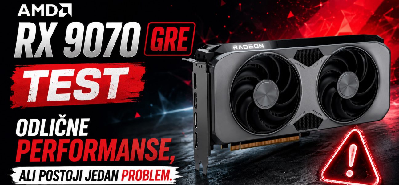AMD RX 9070 GRE grafička karta tokom testa performansi sa istaknutim upozorenjem na jedan značajan nedostatak.
