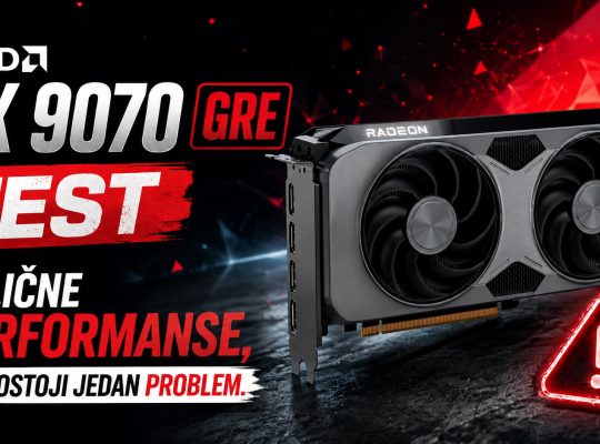 AMD RX 9070 GRE grafička karta tokom testa performansi sa istaknutim upozorenjem na jedan značajan nedostatak.