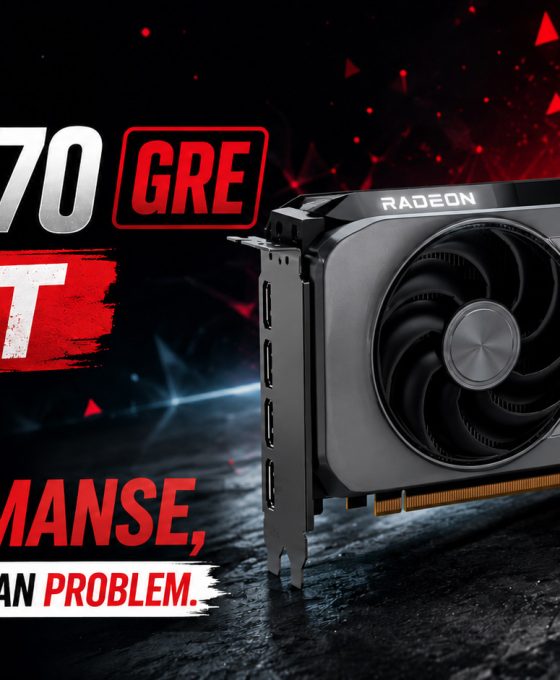 AMD RX 9070 GRE grafička karta tokom testa performansi sa istaknutim upozorenjem na jedan značajan nedostatak.