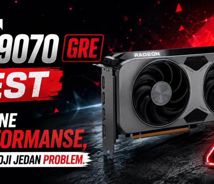 AMD RX 9070 GRE grafička karta tokom testa performansi sa istaknutim upozorenjem na jedan značajan nedostatak.