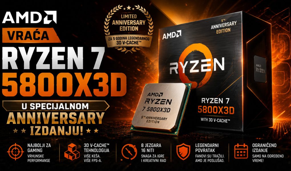 AMD Ryzen 7 5800X3D Anniversary Edition procesor prikazan uz ambalažu specijalnog izdanja, sa naglaskom na 3D V-Cache tehnologiju, gejming performanse i povratak legendarnog AM4 procesora.