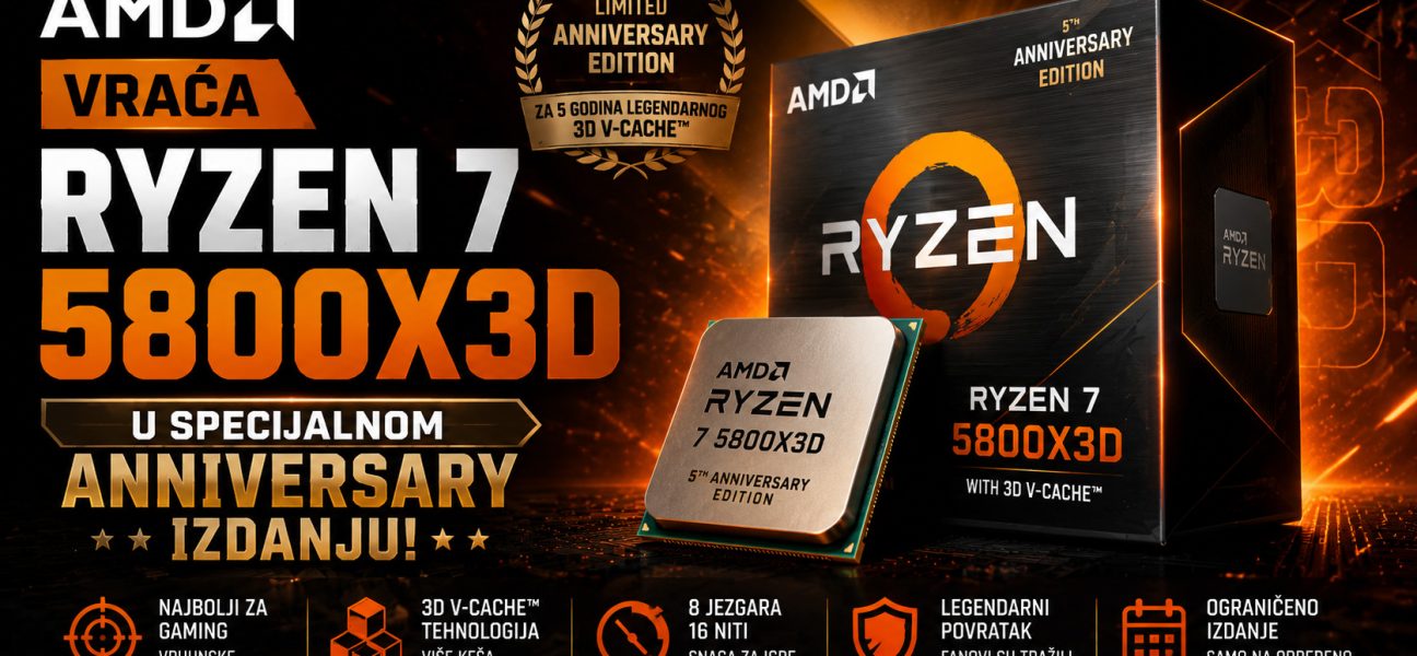 AMD Ryzen 7 5800X3D Anniversary Edition procesor prikazan uz ambalažu specijalnog izdanja, sa naglaskom na 3D V-Cache tehnologiju, gejming performanse i povratak legendarnog AM4 procesora.
