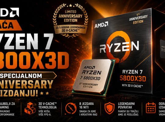 AMD Ryzen 7 5800X3D Anniversary Edition procesor prikazan uz ambalažu specijalnog izdanja, sa naglaskom na 3D V-Cache tehnologiju, gejming performanse i povratak legendarnog AM4 procesora.