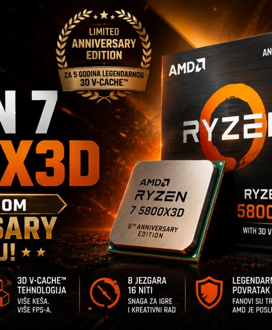 AMD Ryzen 7 5800X3D Anniversary Edition procesor prikazan uz ambalažu specijalnog izdanja, sa naglaskom na 3D V-Cache tehnologiju, gejming performanse i povratak legendarnog AM4 procesora.