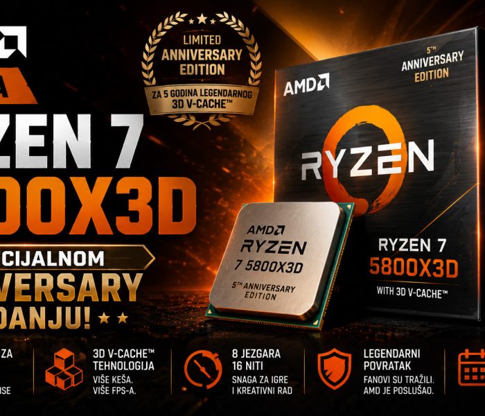 AMD Ryzen 7 5800X3D Anniversary Edition procesor prikazan uz ambalažu specijalnog izdanja, sa naglaskom na 3D V-Cache tehnologiju, gejming performanse i povratak legendarnog AM4 procesora.