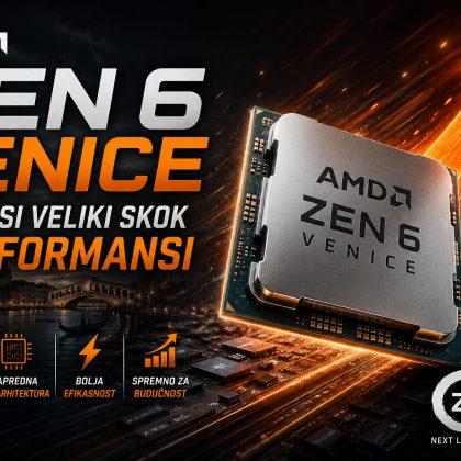AMD Zen 6 Venice procesor prikazan na futurističnoj matičnoj ploči uz grafikon rasta performansi i vizuelne efekte koji simbolizuju veliki skok procesorske snage.