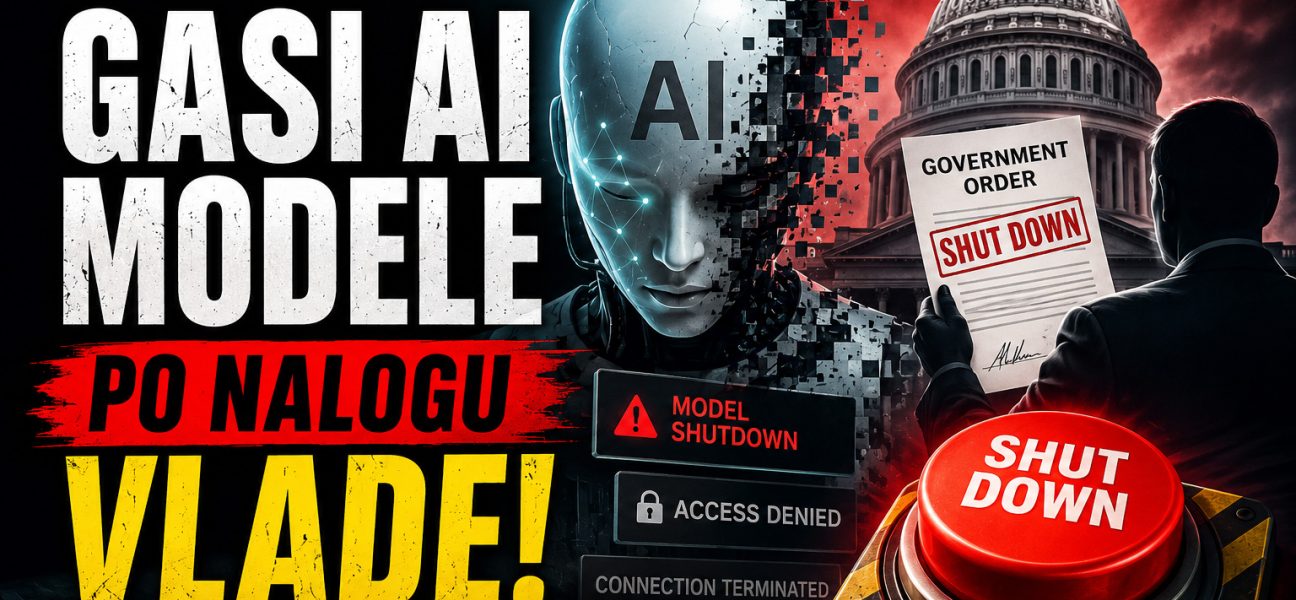 Dramatičan baner koji prikazuje gašenje Anthropic AI modela po nalogu vlade, uz humanoidnog robota, dokument o zabrani i crveno dugme za isključivanje.