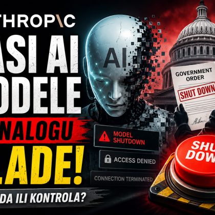 Dramatičan baner koji prikazuje gašenje Anthropic AI modela po nalogu vlade, uz humanoidnog robota, dokument o zabrani i crveno dugme za isključivanje.