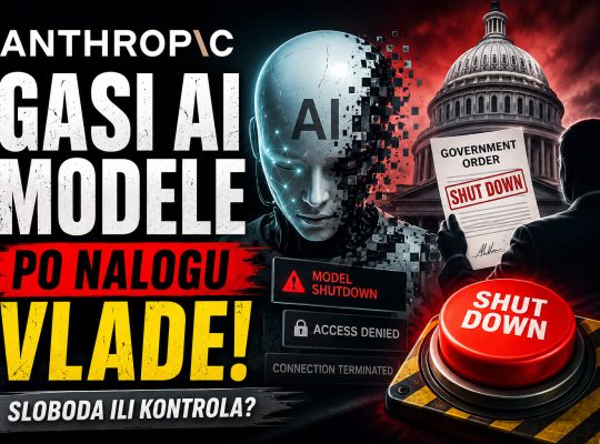 Dramatičan baner koji prikazuje gašenje Anthropic AI modela po nalogu vlade, uz humanoidnog robota, dokument o zabrani i crveno dugme za isključivanje.