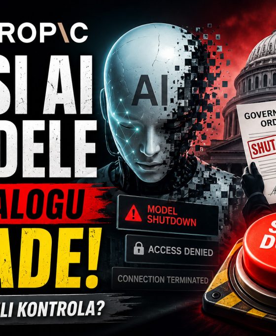 Dramatičan baner koji prikazuje gašenje Anthropic AI modela po nalogu vlade, uz humanoidnog robota, dokument o zabrani i crveno dugme za isključivanje.