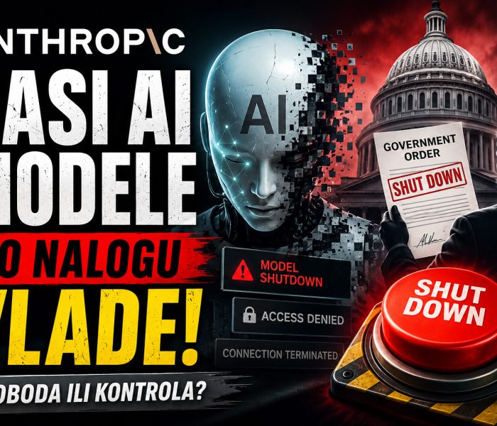 Dramatičan baner koji prikazuje gašenje Anthropic AI modela po nalogu vlade, uz humanoidnog robota, dokument o zabrani i crveno dugme za isključivanje.