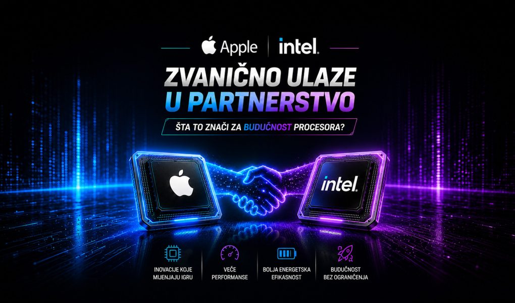 Apple i Intel čipovi povezani digitalnim rukovanjem u futurističkom tehnološkom okruženju, uz naslov o novom partnerstvu i budućnosti procesora.