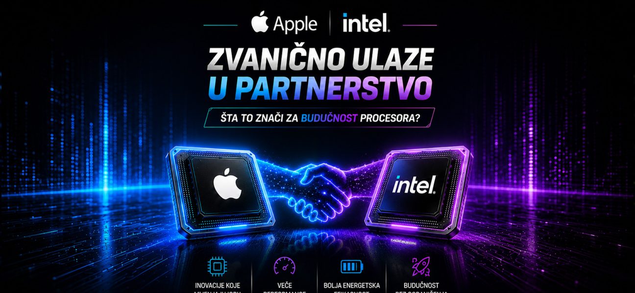 Apple i Intel čipovi povezani digitalnim rukovanjem u futurističkom tehnološkom okruženju, uz naslov o novom partnerstvu i budućnosti procesora.