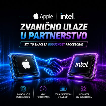 Apple i Intel čipovi povezani digitalnim rukovanjem u futurističkom tehnološkom okruženju, uz naslov o novom partnerstvu i budućnosti procesora.
