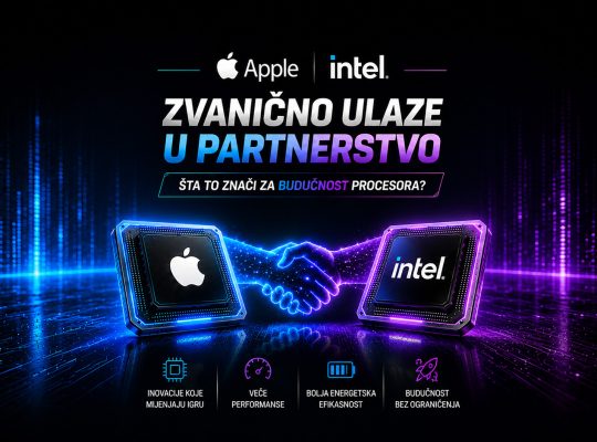 Apple i Intel čipovi povezani digitalnim rukovanjem u futurističkom tehnološkom okruženju, uz naslov o novom partnerstvu i budućnosti procesora.