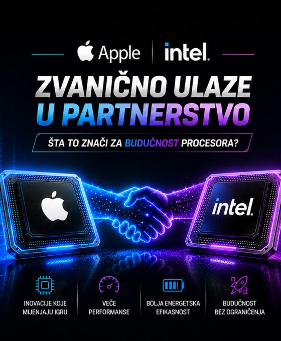 Apple i Intel čipovi povezani digitalnim rukovanjem u futurističkom tehnološkom okruženju, uz naslov o novom partnerstvu i budućnosti procesora.