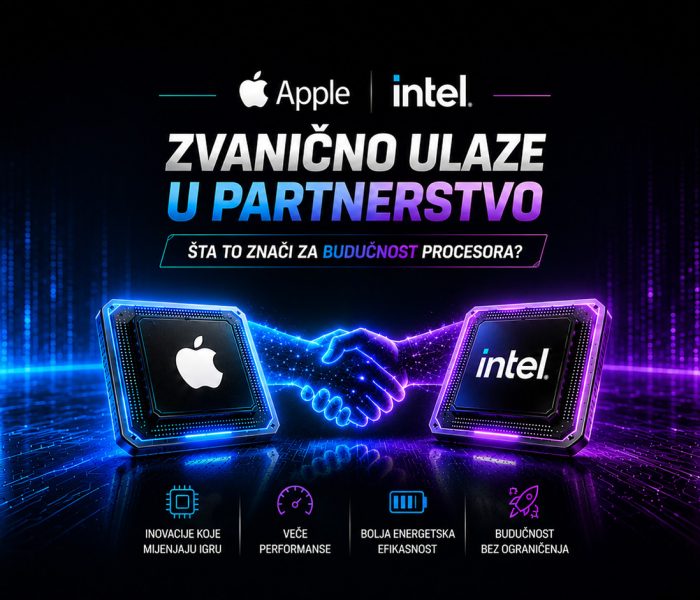 Apple i Intel čipovi povezani digitalnim rukovanjem u futurističkom tehnološkom okruženju, uz naslov o novom partnerstvu i budućnosti procesora.