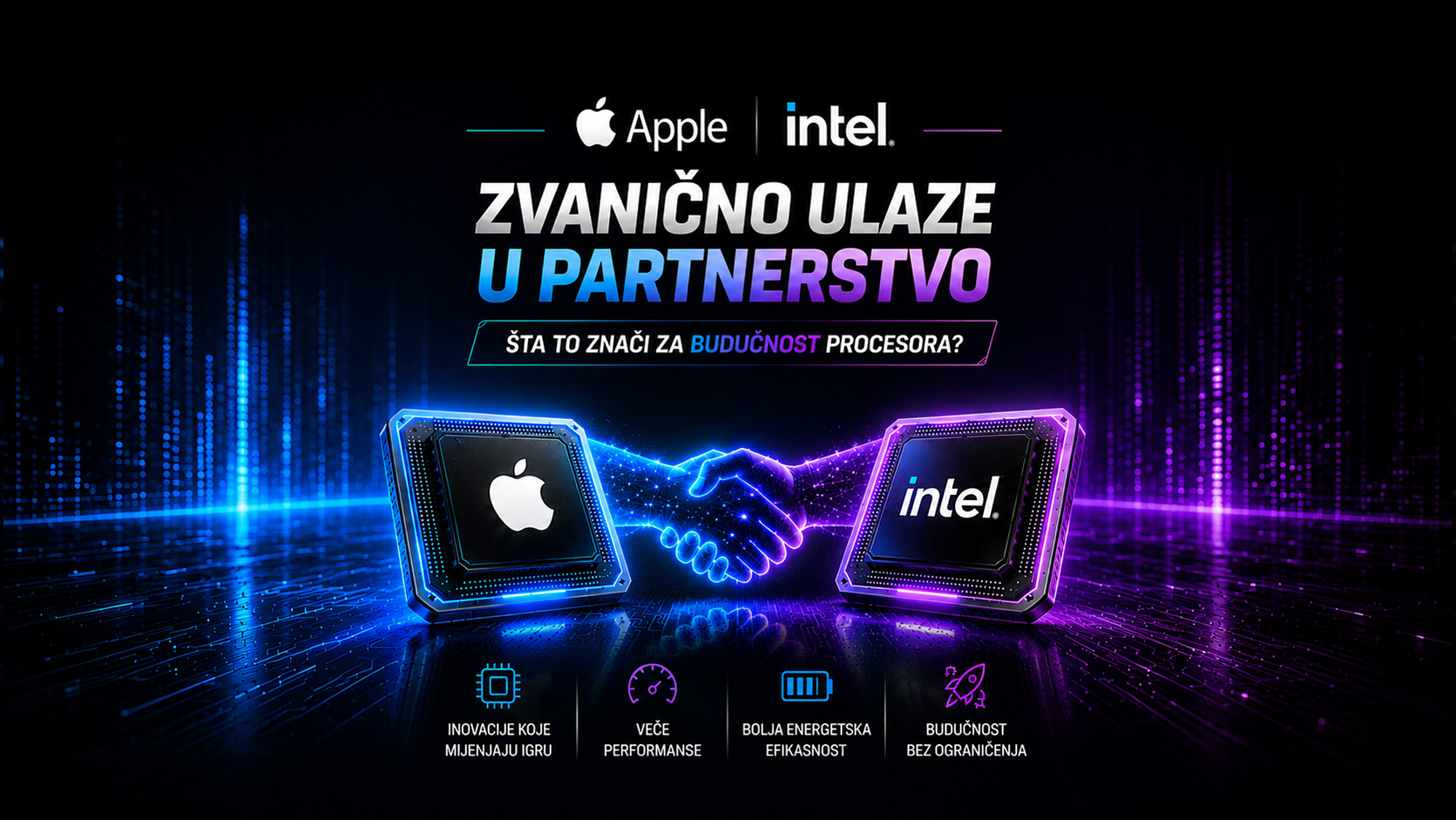 Apple i Intel čipovi povezani digitalnim rukovanjem u futurističkom tehnološkom okruženju, uz naslov o novom partnerstvu i budućnosti procesora.