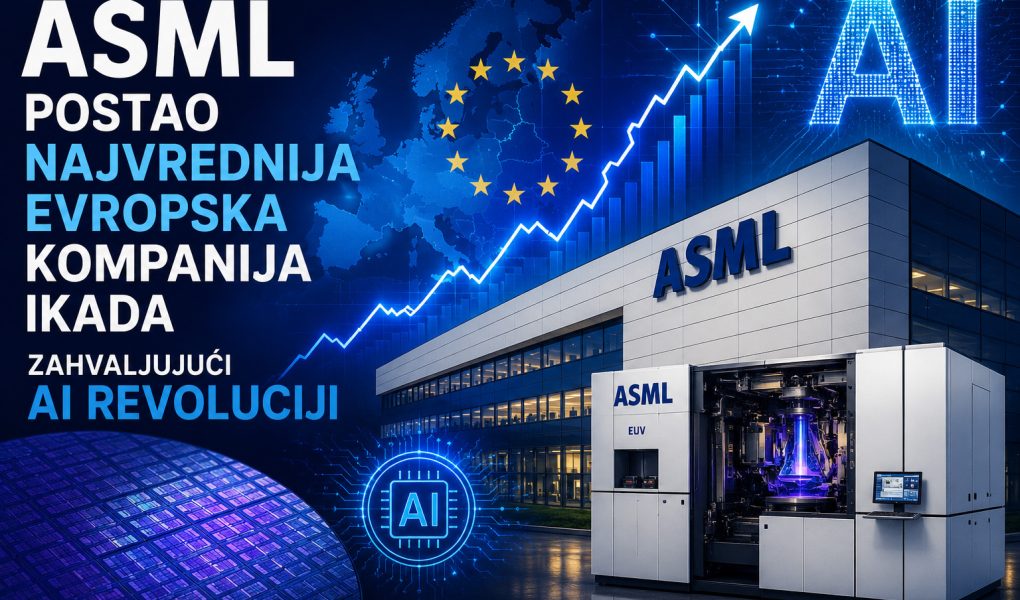 ASML postao najvrednija evropska kompanija ikada zahvaljujući AI revoluciji, prikaz EUV mašine za proizvodnju čipova, rasta tržišne vrednosti i razvoja veštačke inteligencije.