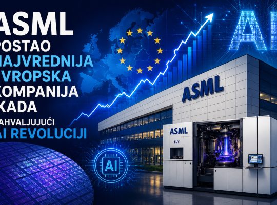 ASML postao najvrednija evropska kompanija ikada zahvaljujući AI revoluciji, prikaz EUV mašine za proizvodnju čipova, rasta tržišne vrednosti i razvoja veštačke inteligencije.