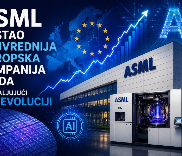ASML postao najvrednija evropska kompanija ikada zahvaljujući AI revoluciji, prikaz EUV mašine za proizvodnju čipova, rasta tržišne vrednosti i razvoja veštačke inteligencije.