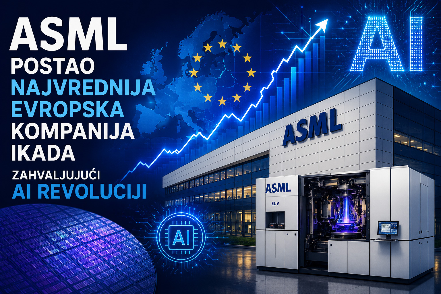 ASML postao najvrednija evropska kompanija ikada zahvaljujući AI revoluciji, prikaz EUV mašine za proizvodnju čipova, rasta tržišne vrednosti i razvoja veštačke inteligencije.