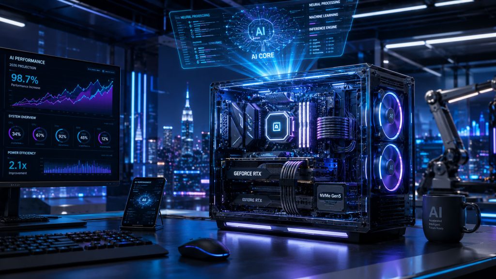 Futuristički desktop računar sa providnim kućištem prikazuje AI procesor, grafičku kartu i SSD uređaj, dok holografski interfejs lebdi iznad sistema u naprednom tehnološkom laboratorijskom okruženju.
