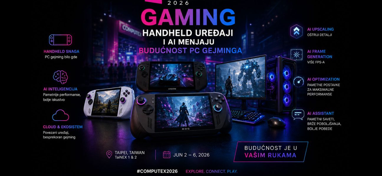 Computex 2026 gaming prikaz handheld gejming uređaja, AI tehnologija i modernog gejming računara koji predstavljaju budućnost PC gejminga.