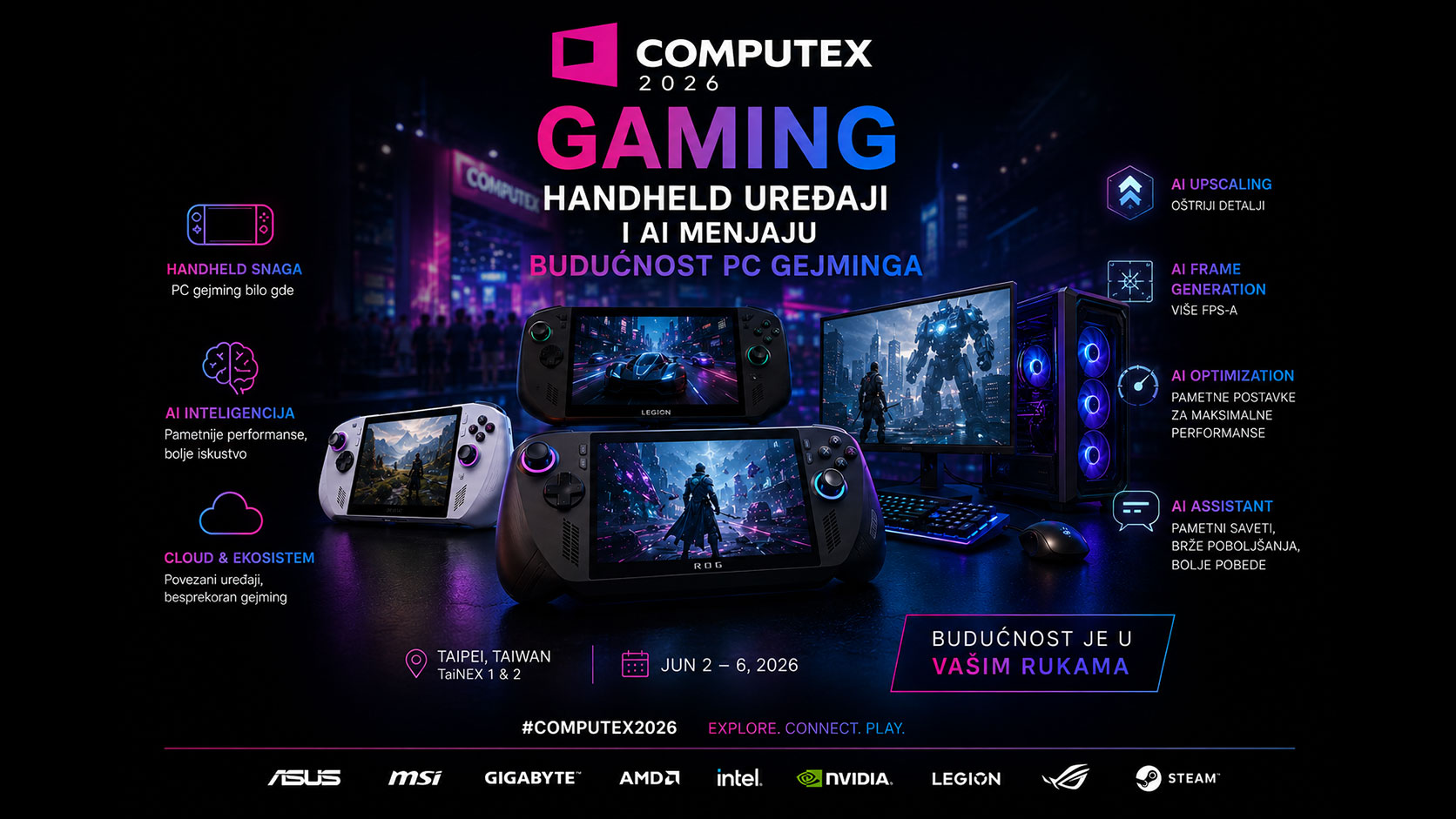 Computex 2026 gaming prikaz handheld gejming uređaja, AI tehnologija i modernog gejming računara koji predstavljaju budućnost PC gejminga.