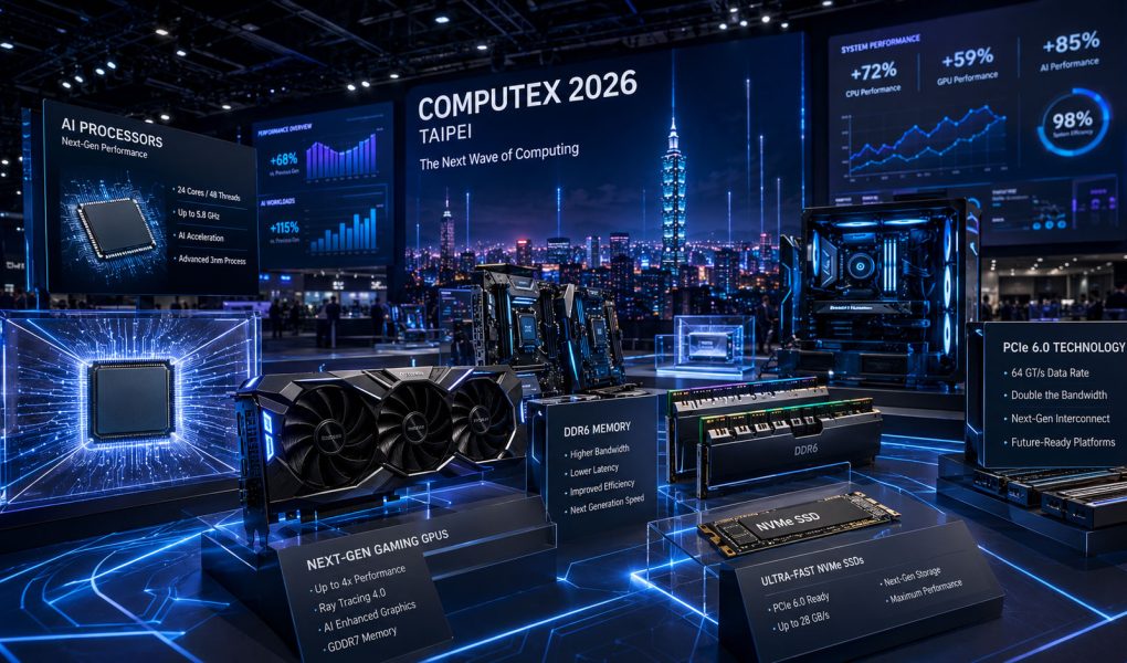 Futuristička hala sajma Computex 2026 u Tajpeju sa izloženim AI procesorima, gejming grafičkim kartama, DDR6 memorijom, NVMe SSD uređajima i PCIe 6.0 tehnologijama prikazanim kroz napredne digitalne prezentacije.