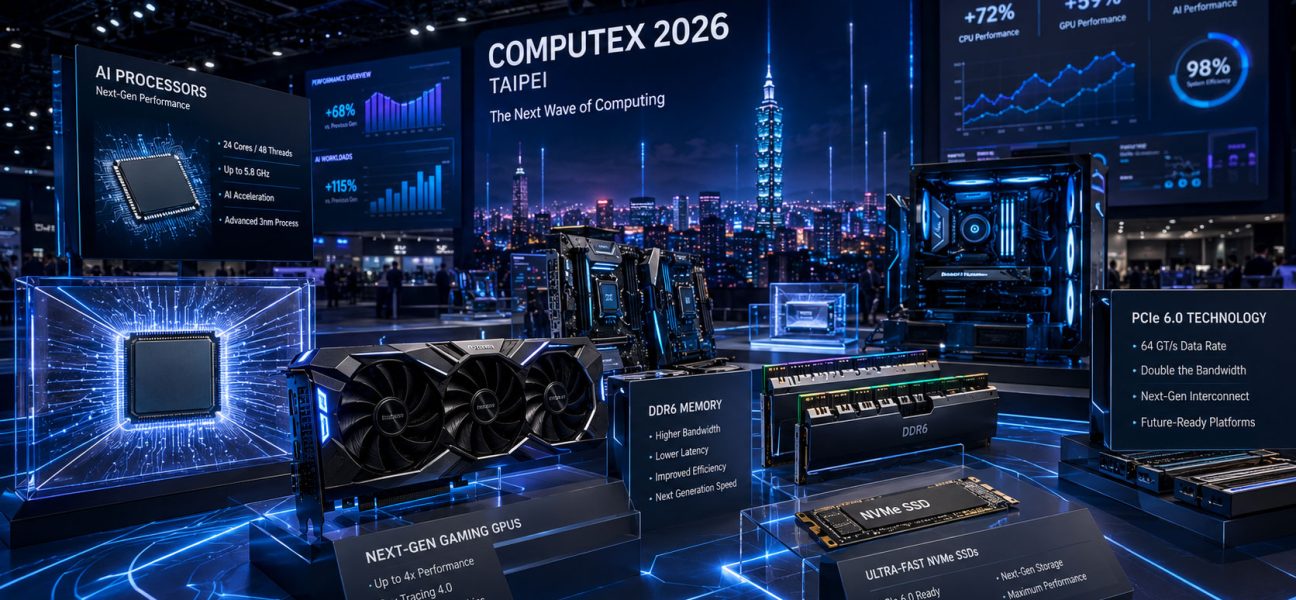 Futuristička hala sajma Computex 2026 u Tajpeju sa izloženim AI procesorima, gejming grafičkim kartama, DDR6 memorijom, NVMe SSD uređajima i PCIe 6.0 tehnologijama prikazanim kroz napredne digitalne prezentacije.