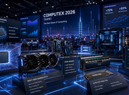 Futuristička hala sajma Computex 2026 u Tajpeju sa izloženim AI procesorima, gejming grafičkim kartama, DDR6 memorijom, NVMe SSD uređajima i PCIe 6.0 tehnologijama prikazanim kroz napredne digitalne prezentacije.