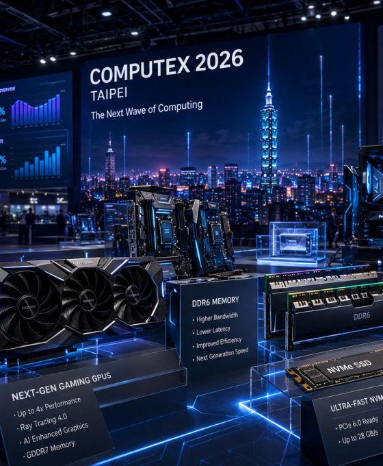 Futuristička hala sajma Computex 2026 u Tajpeju sa izloženim AI procesorima, gejming grafičkim kartama, DDR6 memorijom, NVMe SSD uređajima i PCIe 6.0 tehnologijama prikazanim kroz napredne digitalne prezentacije.