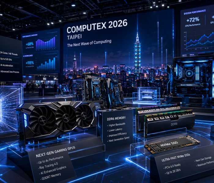 Futuristička hala sajma Computex 2026 u Tajpeju sa izloženim AI procesorima, gejming grafičkim kartama, DDR6 memorijom, NVMe SSD uređajima i PCIe 6.0 tehnologijama prikazanim kroz napredne digitalne prezentacije.