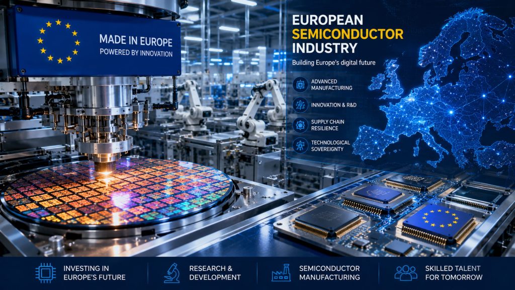Proizvodnja poluprovodnika u Evropi sa modernom fabrikom čipova, automatizovanom opremom i naprednim tehnologijama za razvoj evropske industrije čipova.