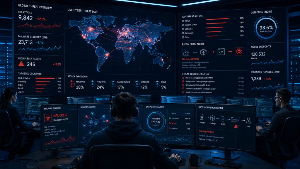 Napredni centar za sajber bezbednost sa analitičarima koji prate globalne sajber pretnje preko digitalne mape sveta, panela za detekciju malvera i sistema za nadzor supply-chain napada.
