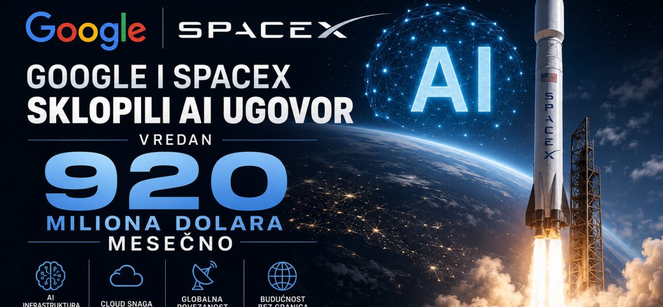 Google i SpaceX sklopili AI ugovor vredan 920 miliona dolara mesečno, ilustracija prikazuje SpaceX raketu, veštačku inteligenciju i Zemlju u pozadini.