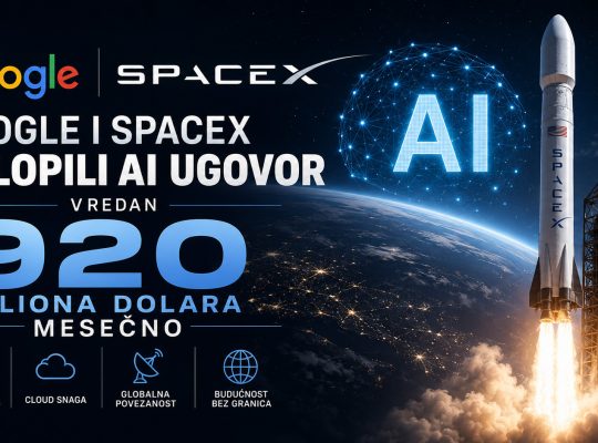 Google i SpaceX sklopili AI ugovor vredan 920 miliona dolara mesečno, ilustracija prikazuje SpaceX raketu, veštačku inteligenciju i Zemlju u pozadini.