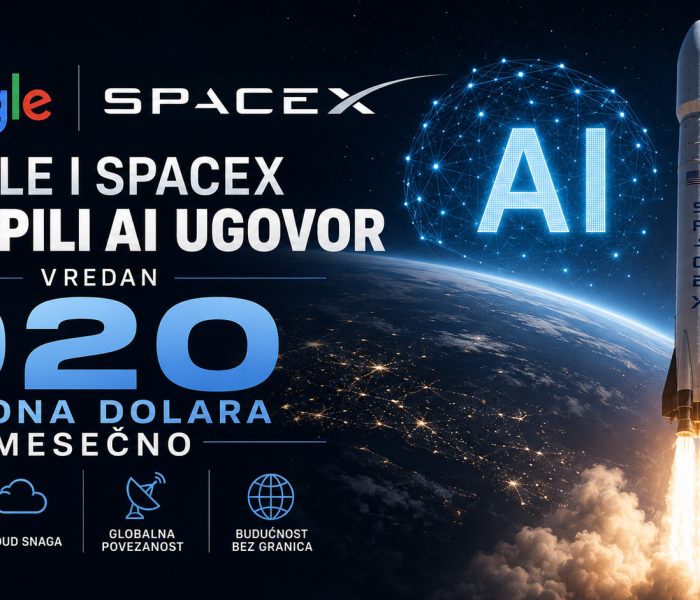 Google i SpaceX sklopili AI ugovor vredan 920 miliona dolara mesečno, ilustracija prikazuje SpaceX raketu, veštačku inteligenciju i Zemlju u pozadini.