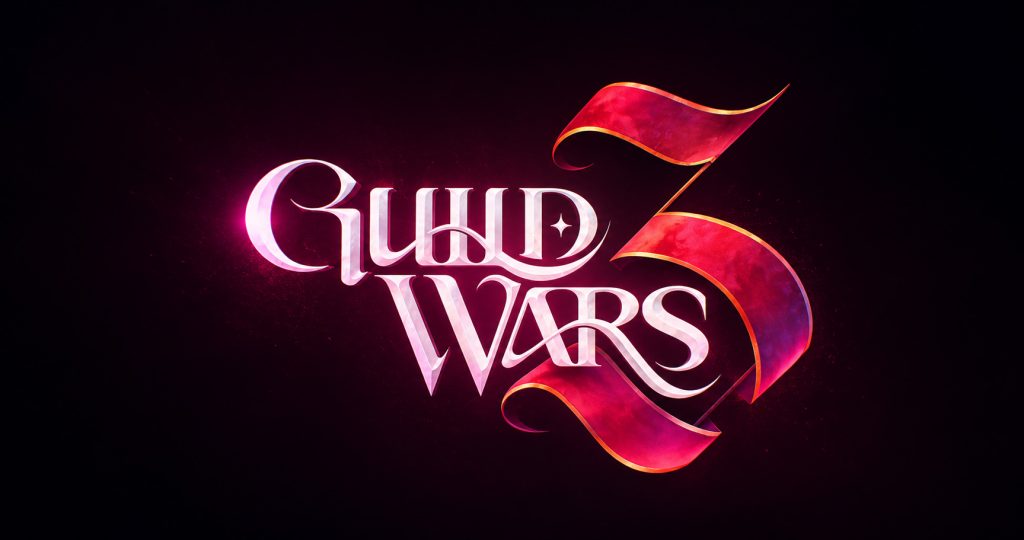 Guild Wars 3 logo na tamnoj pozadini sa crvenim i ljubičastim svetlosnim efektima, istaknutim brojem 3 u obliku zastave i fantazi stilom dizajna.