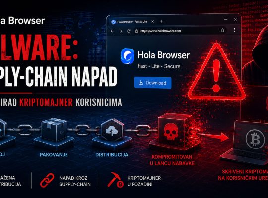 Hola Browser malware prikazan kroz cyber security baner koji ilustruje supply-chain napad, kompromitovanu distribuciju softvera i skriveni kriptomajner koji se instalira na korisničke računare.