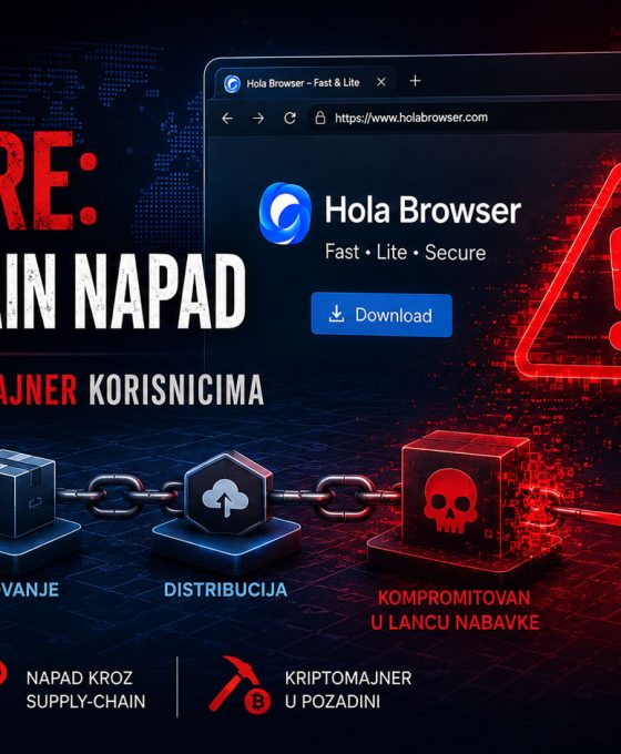 Hola Browser malware prikazan kroz cyber security baner koji ilustruje supply-chain napad, kompromitovanu distribuciju softvera i skriveni kriptomajner koji se instalira na korisničke računare.