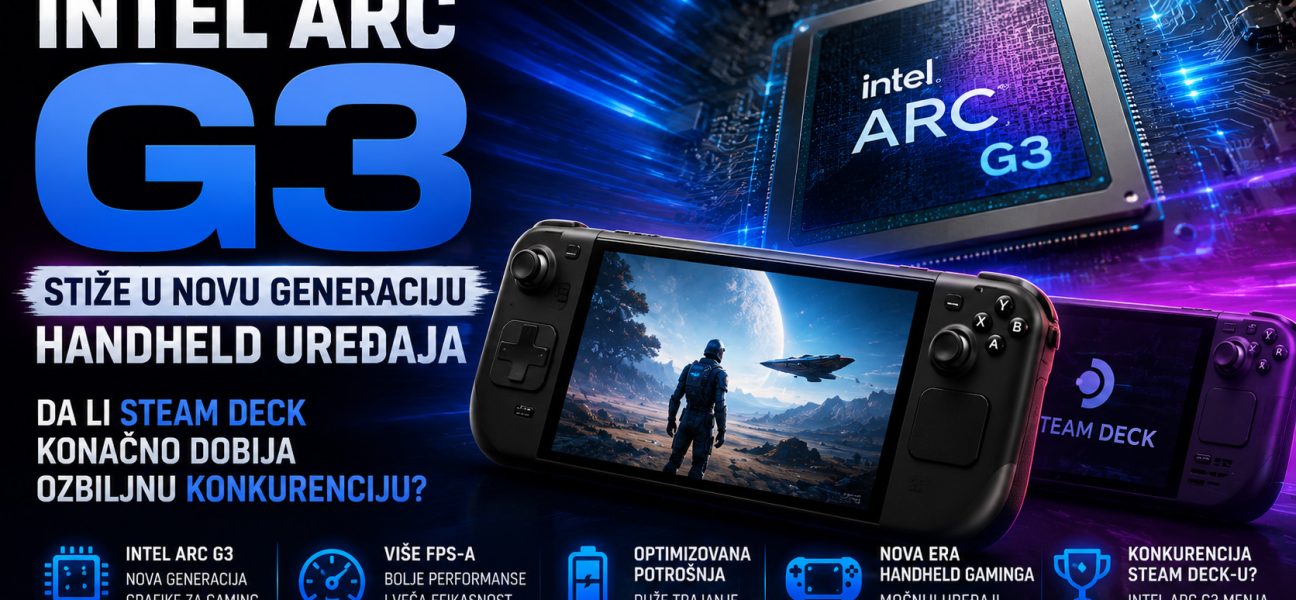 Intel Arc G3 grafika prikazana uz moderni handheld gejming uređaj, sa fokusom na performanse, energetsku efikasnost i potencijalnu konkurenciju Steam Deck platformi.