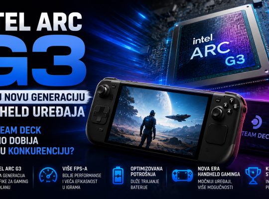 Intel Arc G3 grafika prikazana uz moderni handheld gejming uređaj, sa fokusom na performanse, energetsku efikasnost i potencijalnu konkurenciju Steam Deck platformi.
